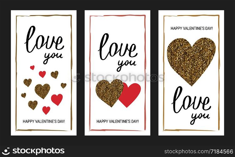 Valentine&rsquo;s day greeting card set. Gold and pink colors. Love you. Glitter texture. Hand drawn heart. Design for wedding. February 14