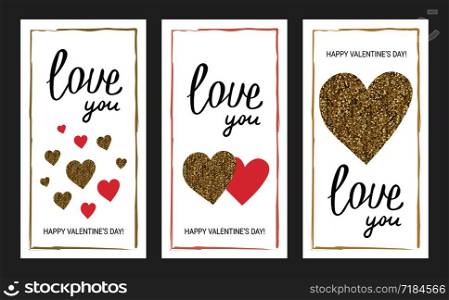 Valentine&rsquo;s day greeting card set. Gold and pink colors. Love you. Glitter texture. Hand drawn heart. Design for wedding. February 14
