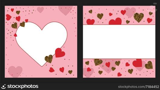 Valentine&rsquo;s day greeting card template. Gold and pink colors. Glitter frame. Hand drawn heart. Design for wedding. February 14