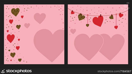 Valentine&rsquo;s day greeting card template. Gold and pink colors. Glitter frame. Hand drawn heart. Design for wedding. February 14