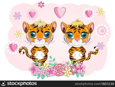 Valentine&rsquo;s day greeting card with Cute boy and girl. Cartoon tiger with expressive eyes. Wild animals, character, childish cute style. Baby Shower greeting card with Cute boy and girl. Cartoon tiger with expressive eyes. Wild animals, character, childish style