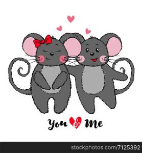 Valentine&rsquo;s Day greeting card with cute mouse falling in love isolated on white backgrouns. Funny mice. Vector illustration.. Valentine&rsquo;s Day greeting card with cute Mouses.
