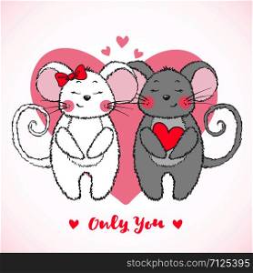 Valentine&rsquo;s Day greeting card with cute mouse falling in love isolated on white backgrouns. Funny mice. Vector illustration.. Valentine&rsquo;s Day greeting card with cute Mouses.