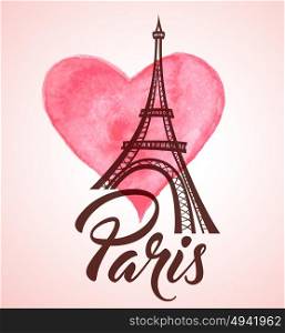 Valentine&rsquo;s day greeting card with Eiffel Tower and pink watercolor heart