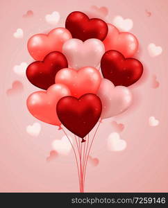 Valentine&rsquo;s day greeting card with pink and red hearts. Set of heart shaped balloons.