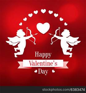 Valentine&rsquo;s day greeting card with two cut of paper cupids and hearts on a red background