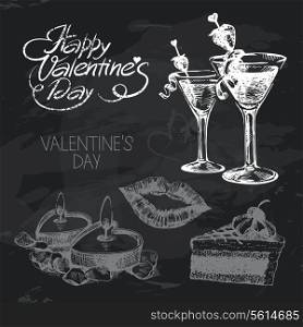 Valentine&rsquo;s Day hand drawn chalkboard design set. Black chalk texture