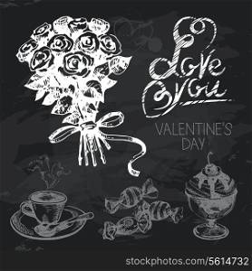 Valentine&rsquo;s Day hand drawn chalkboard design set. Black chalk texture