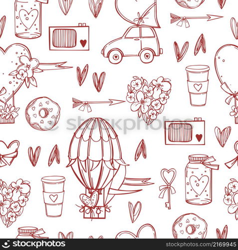 Valentine&rsquo;s Day hand-drawn set. Vector seamless pattern. Sketch illustration.. Valentine&rsquo;s Day vector pattern.