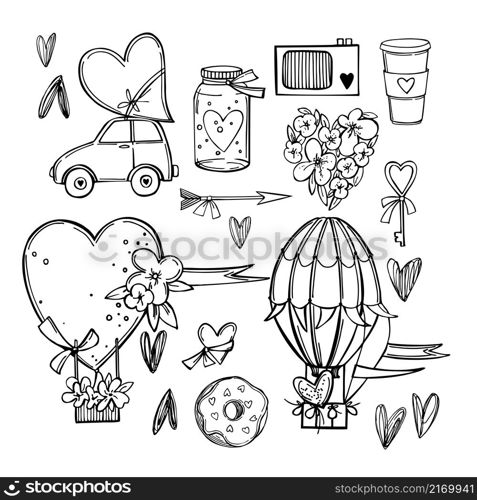 Valentine&rsquo;s Day hand-drawn set. Vector sketch illustration.. Valentine&rsquo;s Day sketch illustration.