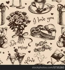 Valentine&rsquo;s Day Hand drawn sketch vector illustration. Vintage love seamless pattern