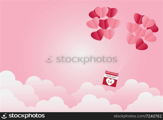 Valentine&rsquo;s day, heart-shaped balloon floating in the sky, pink background, paper art,Vector illustration
