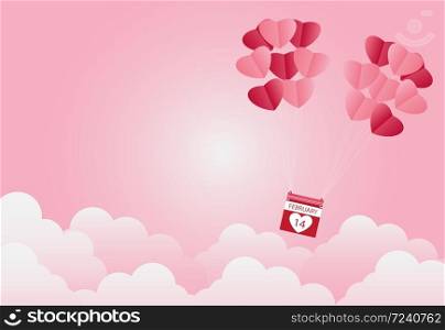 Valentine&rsquo;s day, heart-shaped balloon floating in the sky, pink background, paper art,Vector illustration