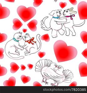 Valentine&rsquo;s Day hearts pattern with romantic dogs and cats and pigeons in love over white