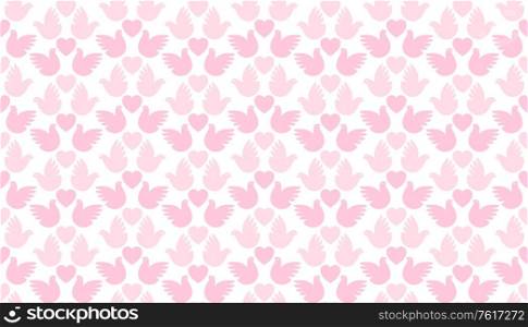 Valentine&rsquo;s Day holiday background, seamless love pattern of hearts and pigeons, simple vector for you design. Valentine&rsquo;s Day holiday background
