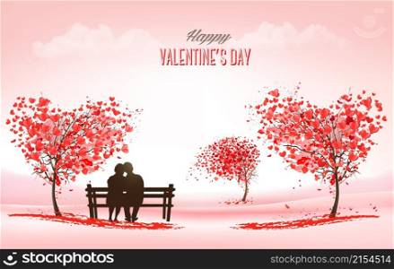 Valentine&rsquo;s Day holiday background with heart shape tree and couple in love on a bench. Concept of love. Vector