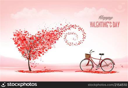 Valentine&rsquo;s Day holiday background with heart shape tree with heart-shaped leaves and bicycle. Concept of love. Vector
