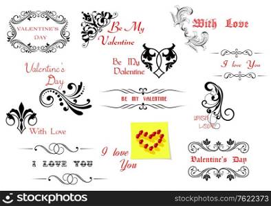 Valentine&rsquo;s Day holiday design elements with scripts and decorations