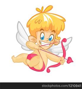 Valentine&rsquo;s Day illustration of funny cartoon cupid with bow and arrow aiming at someone. Cupid baby icon