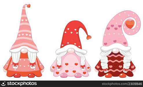 Valentine&rsquo;s Day illustration of three female gnomes with gifts.