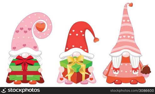 Valentine&rsquo;s Day illustration of three female gnomes with gifts.