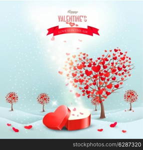 Valentine&rsquo;s day landscape with heart shaped trees and a magic gift box. Vector.