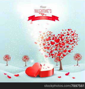 Valentine&rsquo;s day landscape with heart shaped trees and a magic gift box. Vector.