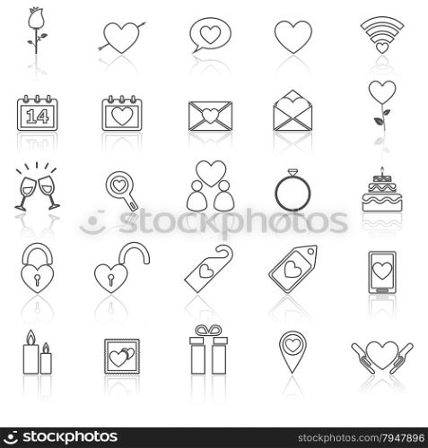 Valentine&rsquo;s day line icons with reflect on white, stock vector