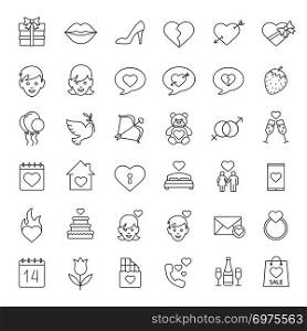 Valentine&rsquo;s Day linear icons set. Amour arrow and bow, teddy bear, present, man and woman, champagne, chatting, lovers bed, heart, 14 February. Thin line contour symbols. Isolated vector illustrations. Valentine&rsquo;s Day linear icons set