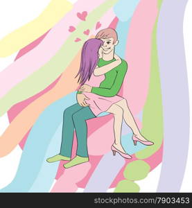 Valentine&rsquo;s Day or honeymoon card, cartoon illustration of two lovers embracing each other