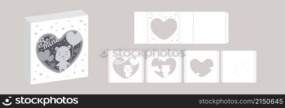 Valentine&rsquo;s day paper carve tunnel card bear with balloon. 3D popup layers card. Modern origami design template. 3d paper lightbox template. Vector stock illustration.