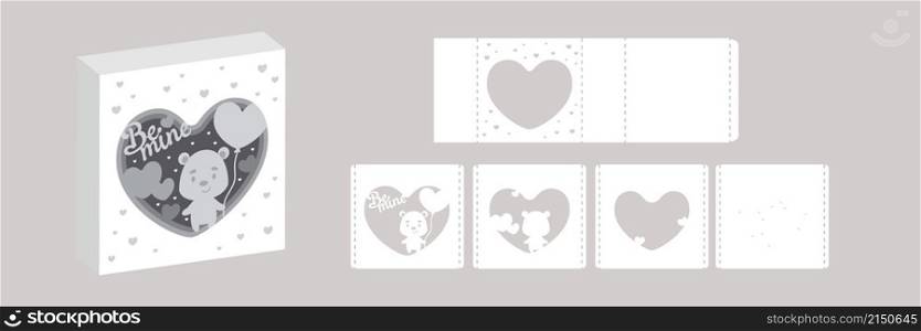 Valentine&rsquo;s day paper carve tunnel card bear with balloon. 3D popup layers card. Modern origami design template. 3d paper lightbox template. Vector stock illustration.