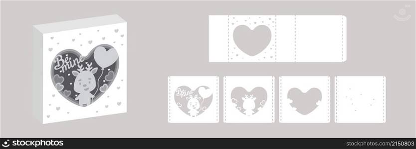 Valentine&rsquo;s day paper carve tunnel card deer with balloon. 3D popup layers card. Modern origami design template. 3d paper lightbox template. Vector stock illustration.