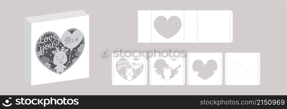 Valentine&rsquo;s day paper carve tunnel card deer with balloon. 3D popup layers card. Modern origami design template. 3d paper lightbox template. Vector stock illustration.