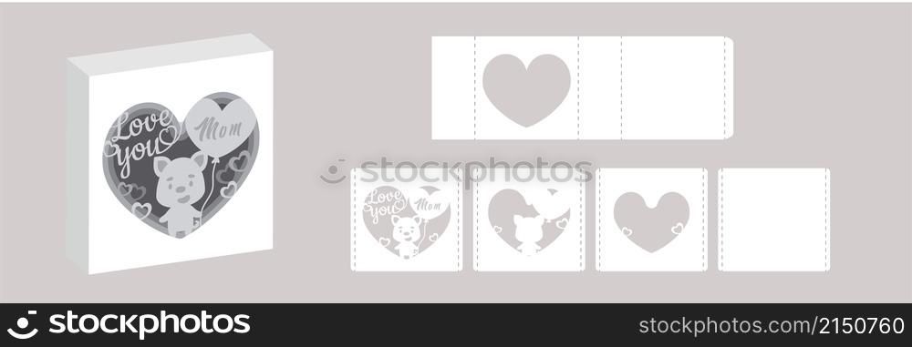 Valentine&rsquo;s day paper carve tunnel card dog with balloon. 3D popup layers card. Modern origami design template. 3d paper lightbox template. Vector stock illustration.