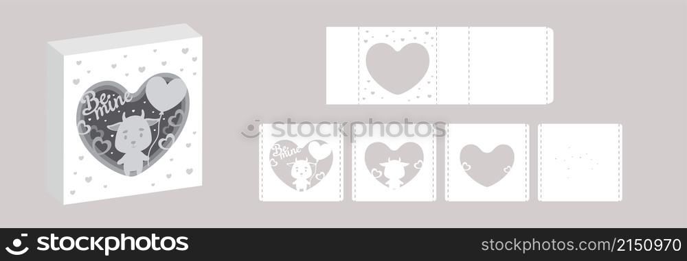 Valentine&rsquo;s day paper carve tunnel card goat with balloon. 3D popup layers card. Modern origami design template. 3d paper lightbox template. Vector stock illustration.