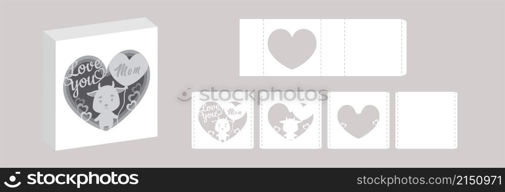 Valentine&rsquo;s day paper carve tunnel card goat with balloon. 3D popup layers card. Modern origami design template. 3d paper lightbox template. Vector stock illustration.
