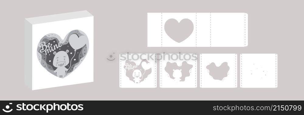 Valentine&rsquo;s day paper carve tunnel card hippo with balloon. 3D popup layers card. Modern origami design template. 3d paper lightbox template. Vector stock illustration.