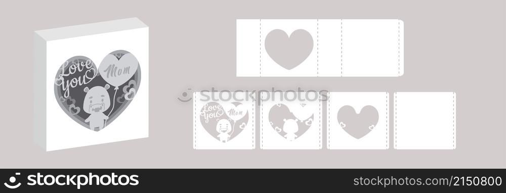 Valentine&rsquo;s day paper carve tunnel card hippo with balloon. 3D popup layers card. Modern origami design template. 3d paper lightbox template. Vector stock illustration.