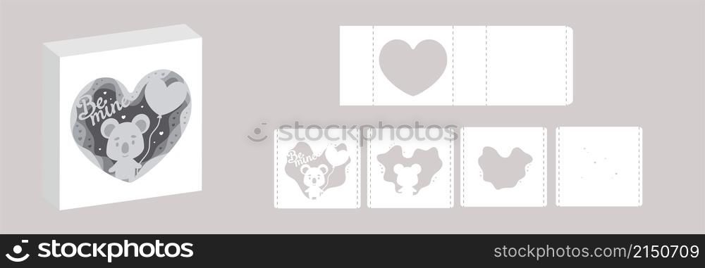 Valentine&rsquo;s day paper carve tunnel card koala with balloon. 3D popup layers card. Modern origami design template. 3d paper lightbox template. Vector stock illustration.