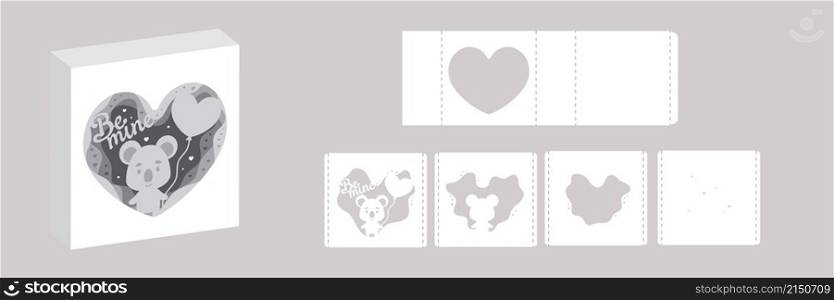 Valentine&rsquo;s day paper carve tunnel card koala with balloon. 3D popup layers card. Modern origami design template. 3d paper lightbox template. Vector stock illustration.