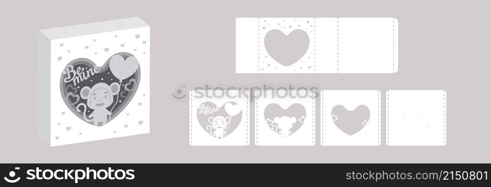 Valentine&rsquo;s day paper carve tunnel card monkey with balloon. 3D popup layers card. Modern origami design template. 3d paper lightbox template. Vector stock illustration.