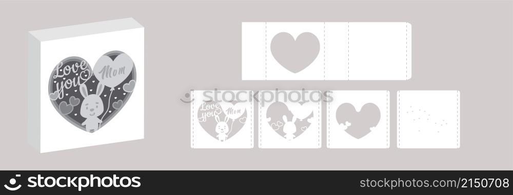Valentine&rsquo;s day paper carve tunnel card rabbit with balloon. 3D popup layers card. Modern origami design template. 3d paper lightbox template. Vector stock illustration.