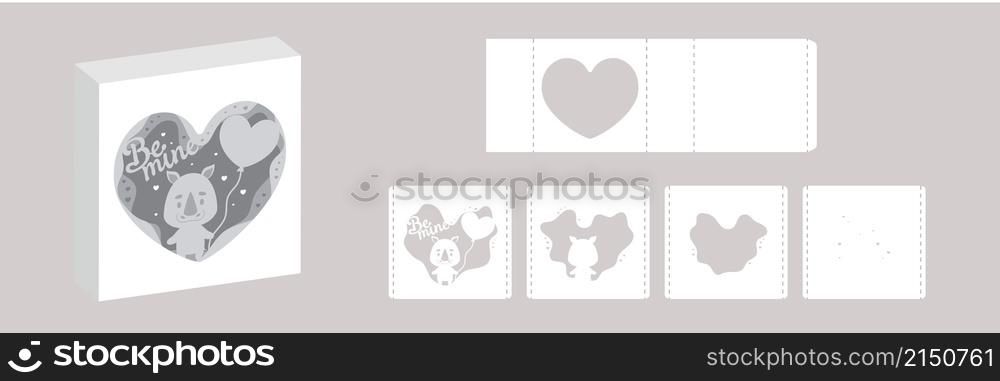 Valentine&rsquo;s day paper carve tunnel card rhino with balloon. 3D popup layers card. Modern origami design template. 3d paper lightbox template. Vector stock illustration.