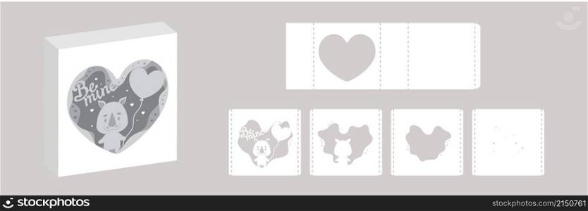 Valentine&rsquo;s day paper carve tunnel card rhino with balloon. 3D popup layers card. Modern origami design template. 3d paper lightbox template. Vector stock illustration.