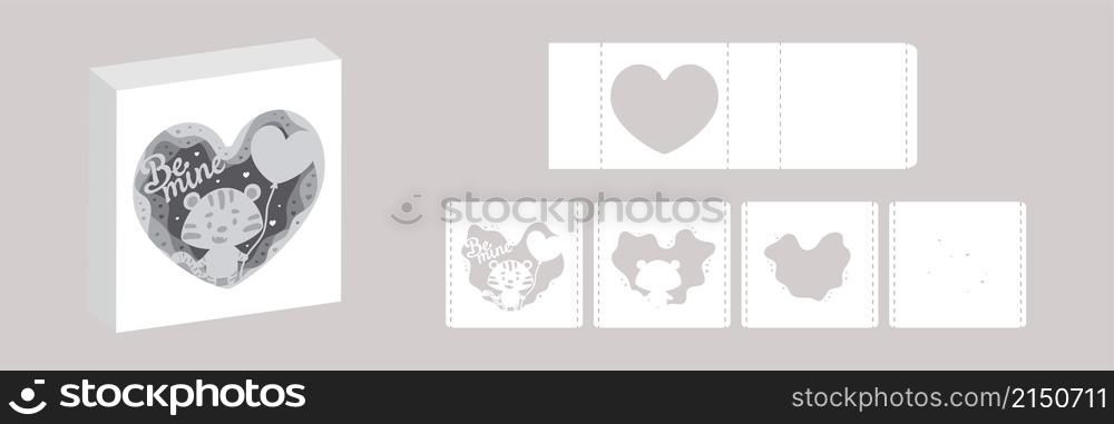 Valentine&rsquo;s day paper carve tunnel card tiger with balloon. 3D popup layers card. Modern origami design template. 3d paper lightbox template. Vector stock illustration.