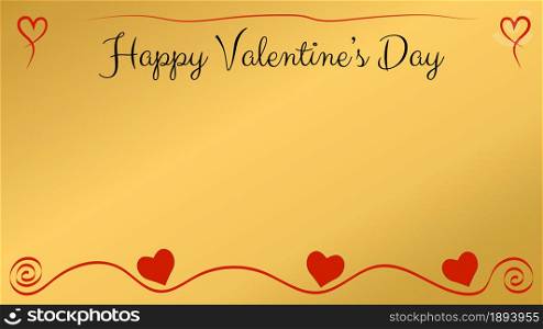 Valentine&rsquo;s day postcard with a gold background and red hearts and ornament. Copy space. Vector illustration.