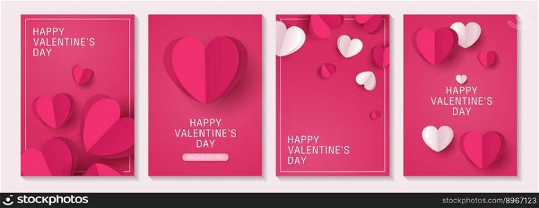Valentine&rsquo;s day posters or banner set with pink and paper cut heart. place for text. holiday banners, web, poster, flyers, voucher template, brochures and greeting cards. vector design.