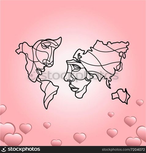 Valentine&rsquo;s day romantic heart with a world map or lovers&rsquo; faces in pink color on an isolated background. EPS 10 vector. Valentine&rsquo;s day romantic heart with a world map or lovers&rsquo; faces in pink color on an isolated background. EPS 10 vector.