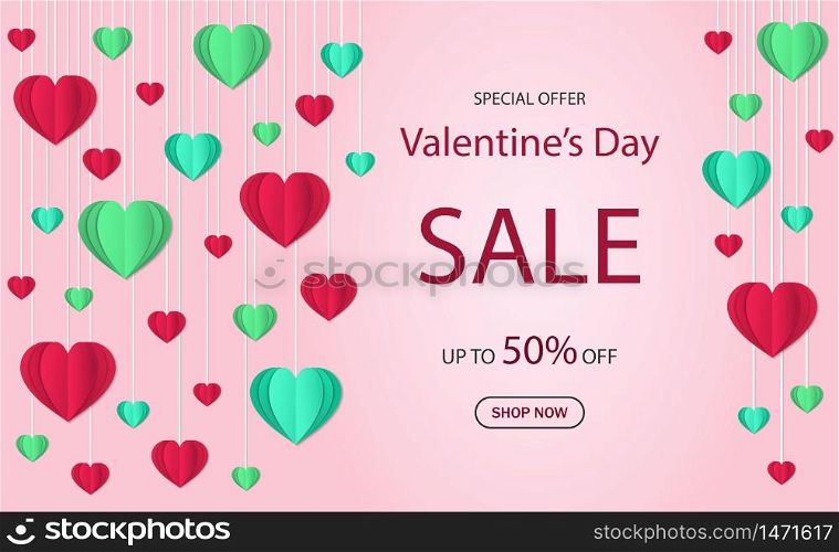 Valentine&rsquo;s day sale banner. Love background with hanging hearts. Design offer gift card for happy Valentine&rsquo;s day. Paper cut romantic balloon hearts. Pink flyer for love party. vector illustraion. Valentine&rsquo;s day sale banner. Love background with hanging hearts. Design offer gift card for happy Valentine&rsquo;s day. Paper cut romantic balloon hearts. Pink flyer for love party. vector
